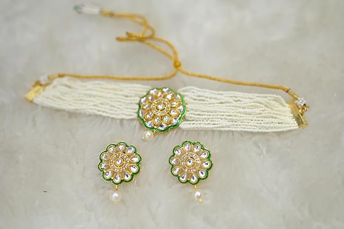 Kundan Pearl Choker Necklace Set for Women and Girls – Green Enamel Floral Design with Matching Stud Earrings – Traditional Bridal Jewelry
