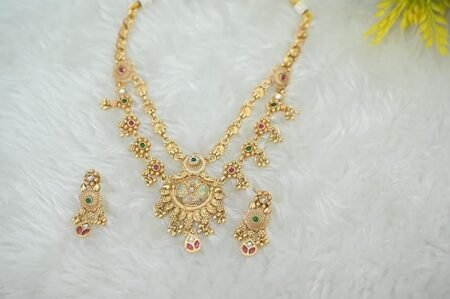 Traditional Antique Gold-Plated Temple Jewelry Set with Earrings | Bridal South Indian Design | Ethnic Necklace for Women