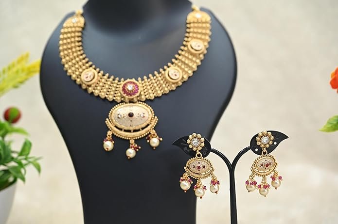Traditional Gold-Plated Temple Necklace Set with Pearls & Kundan Stones | Bridal Choker Necklace with Matching Earrings for Women
