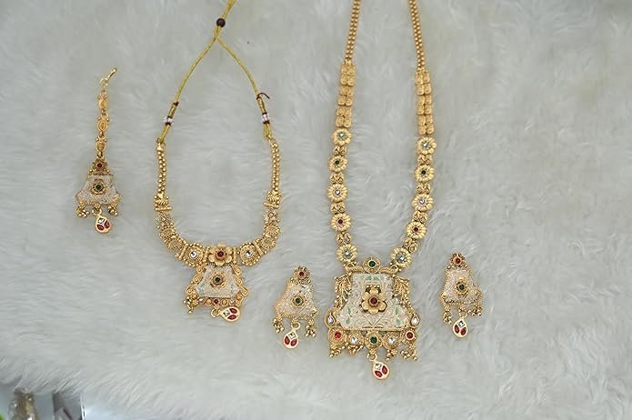 South Indian Temple Bridal Jewelry Set – Antique Gold Plated Long Haram, Short Necklace, Earrings & Maang Tikka with Lakshmi Design