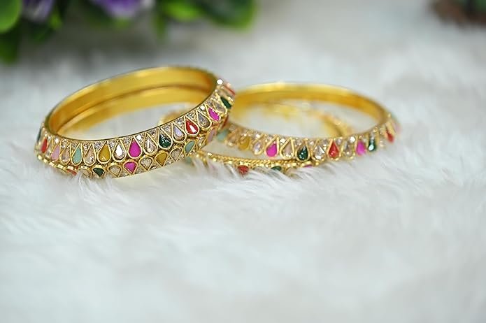 Gold-Plated Multicolor Meenakari Stone Bangles Set | Traditional Rajasthani Kada for Women and Girls